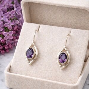 925 Sterling Silver Amethyst Drop Dangle Earrings Vintage Style Purple Gemstone